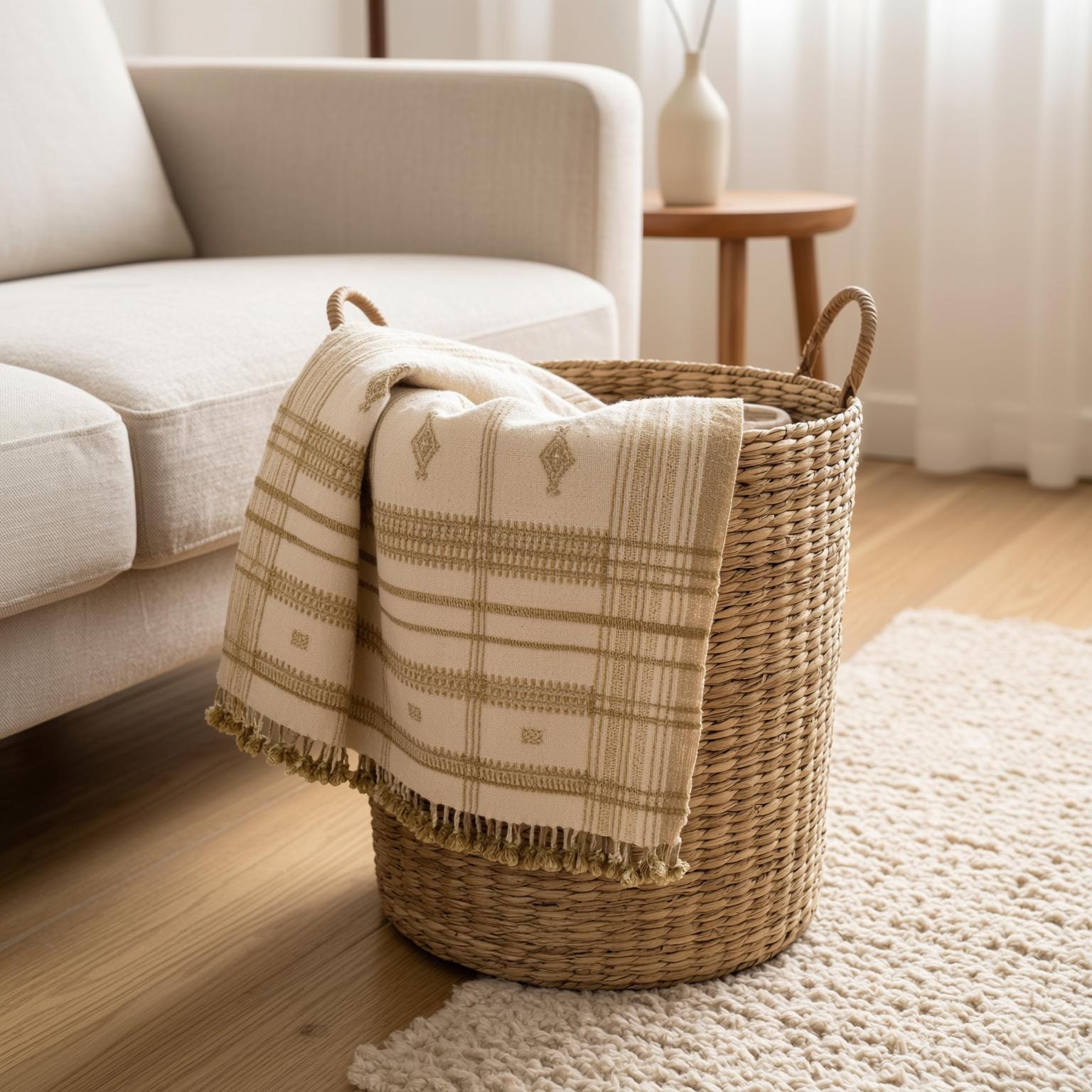 Off White Tan Indian Wool Throw Blanket, Handwoven Sofa Throw & Warm Neutral Bed Runner - HEERA