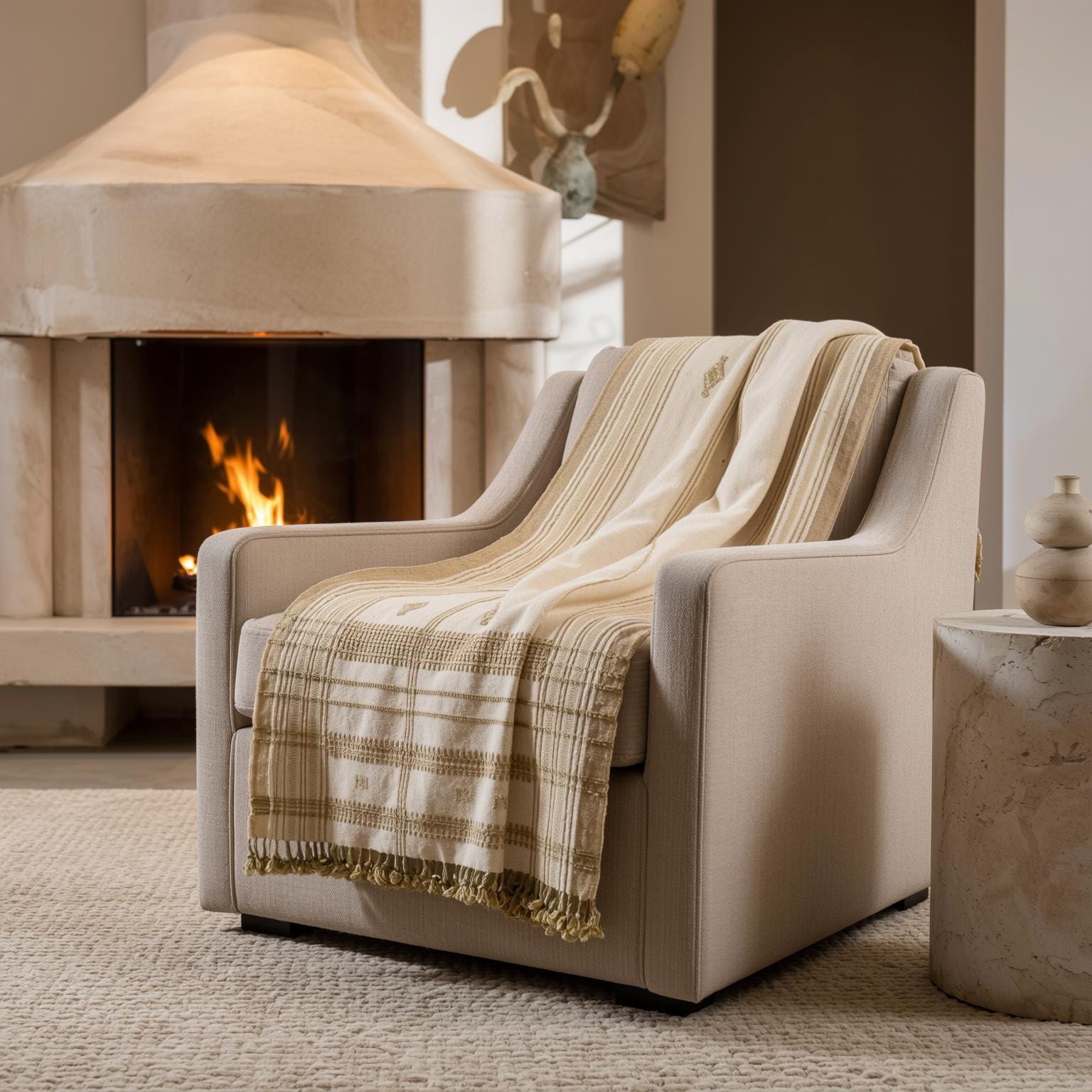 Off White Tan Indian Wool Throw Blanket, Handwoven Sofa Throw & Warm Neutral Bed Runner - HEERA