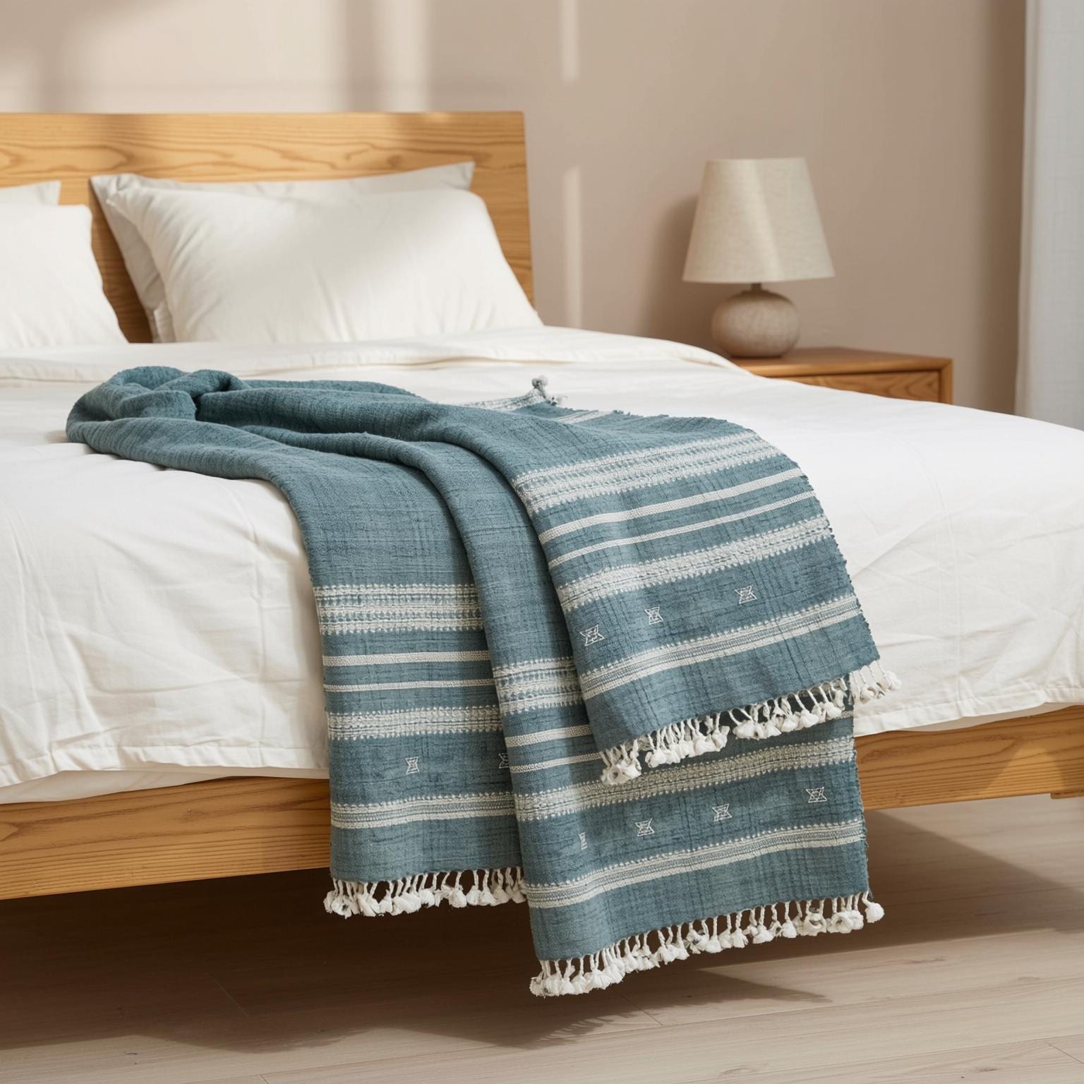 Vibrant Teal Blue Indian Wool Throw Blanket, Handwoven Boho Sofa Cover & Bed Runner - NEELAM