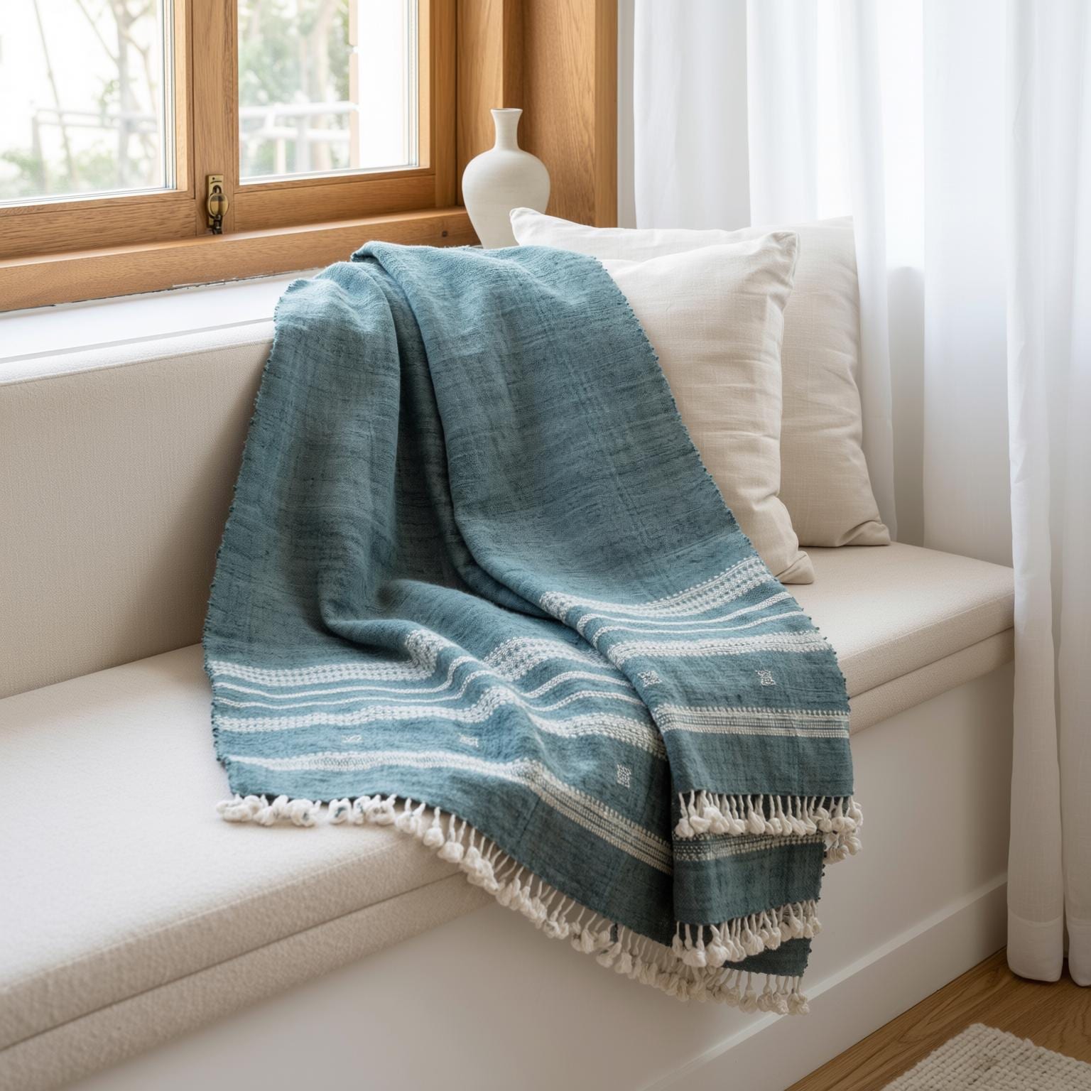 Vibrant Teal Blue Indian Wool Throw Blanket, Handwoven Boho Sofa Cover & Bed Runner - NEELAM