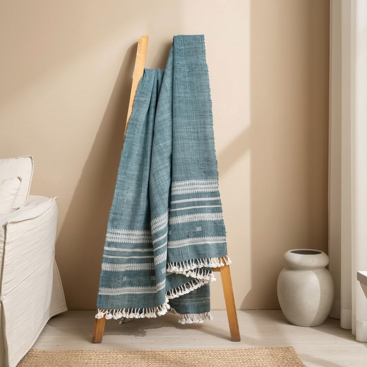 Vibrant Teal Blue Indian Wool Throw Blanket, Handwoven Boho Sofa Cover & Bed Runner - NEELAM