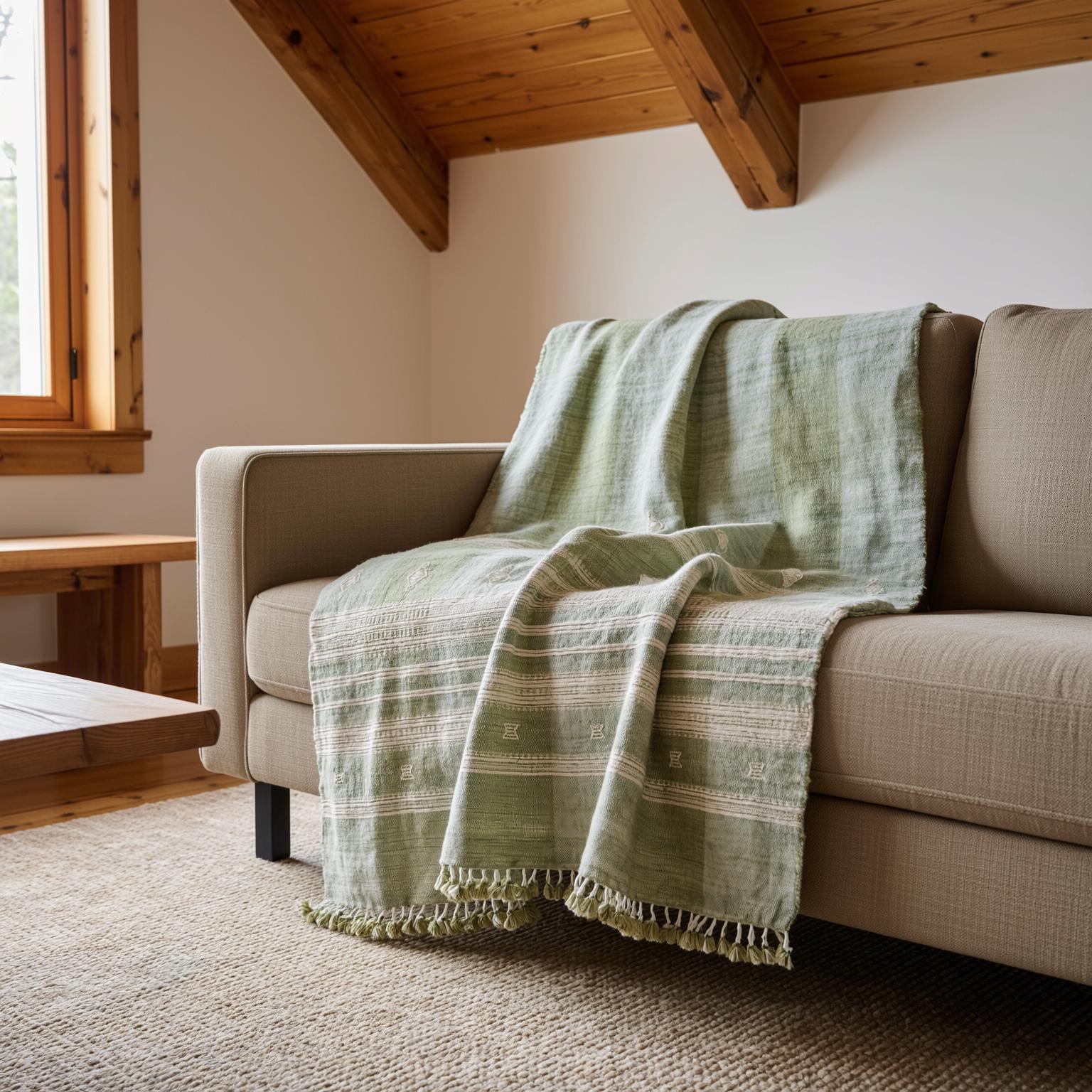 Sage Green Indian Wool Throw Blanket, Handwoven Sofa Coverlet & Neutral Bed Runner - SAGE