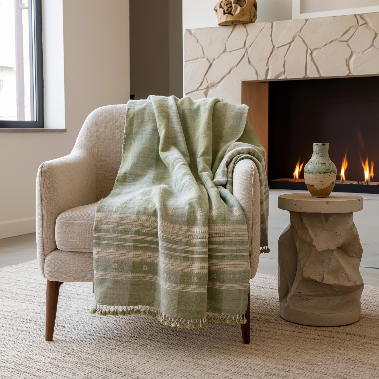 Sage Green Indian Wool Throw Blanket, Handwoven Sofa Coverlet & Neutral Bed Runner - SAGE