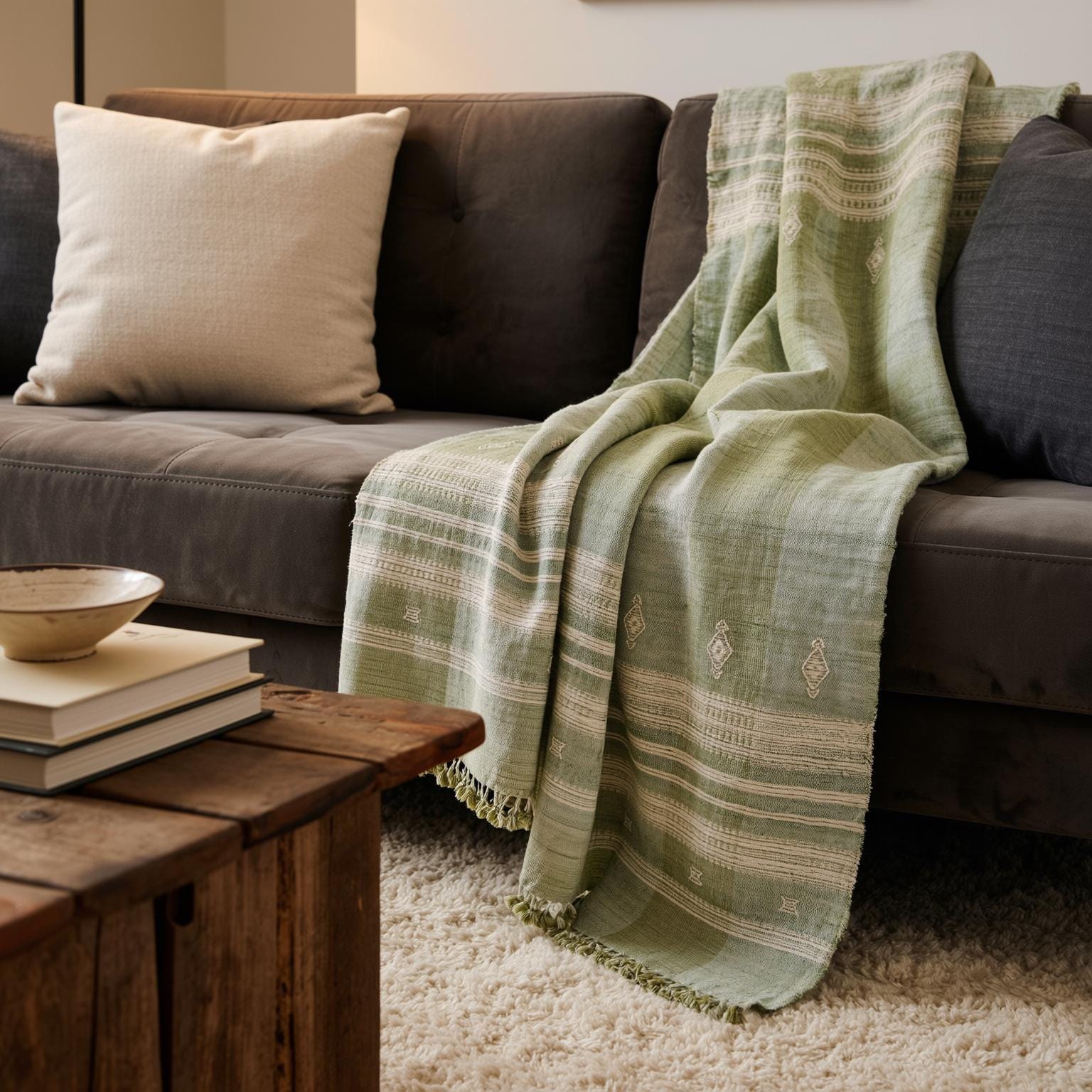 Sage Green Indian Wool Throw Blanket, Handwoven Sofa Coverlet & Neutral Bed Runner - SAGE