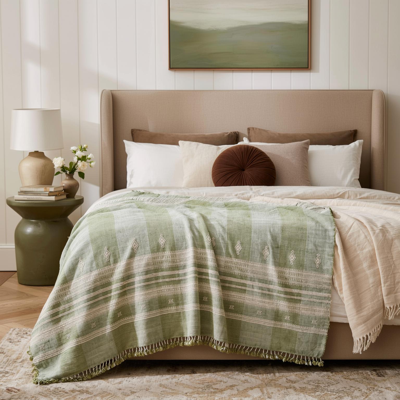 Sage Green Indian Wool Throw Blanket, Handwoven Sofa Coverlet & Neutral Bed Runner - SAGE
