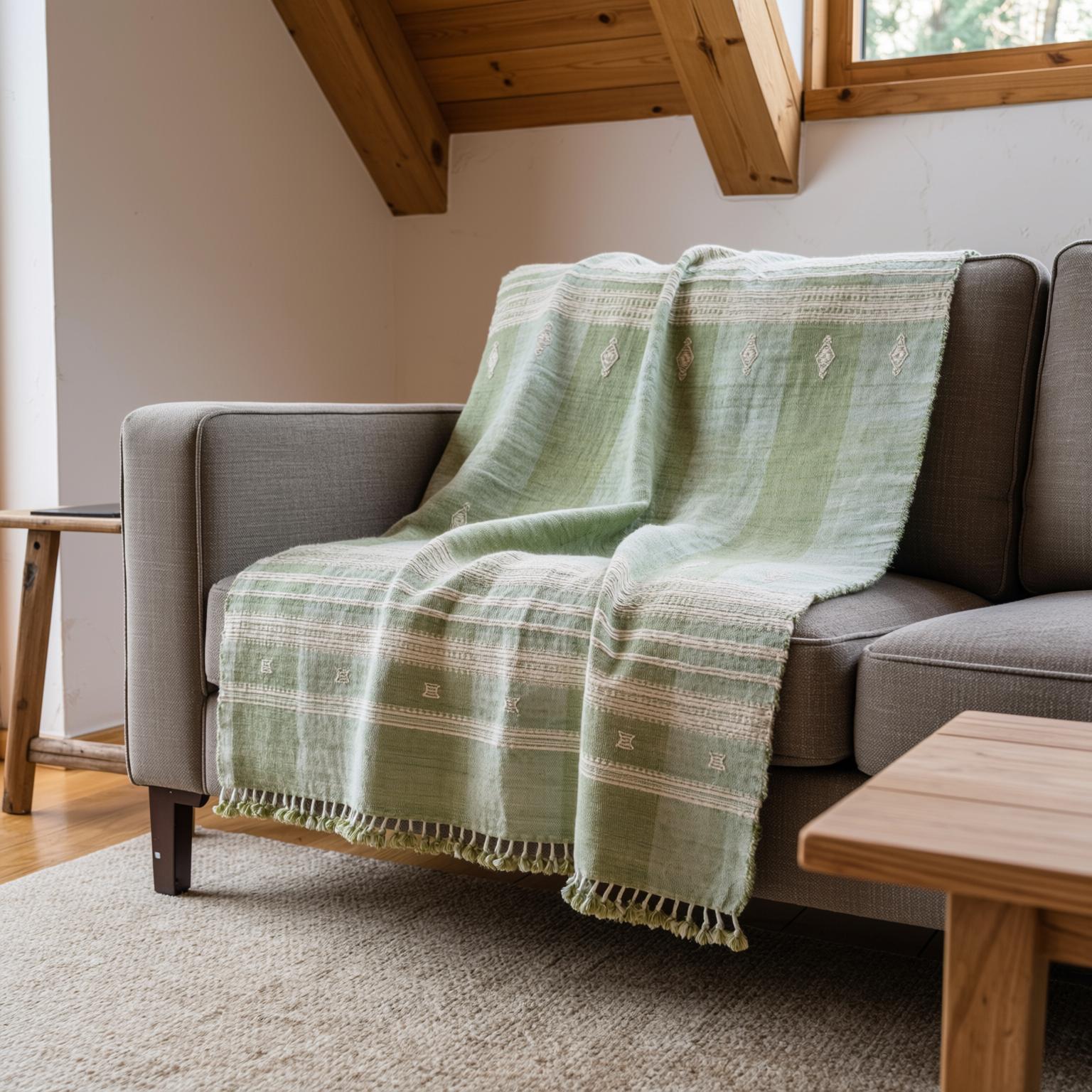 Sage Green Indian Wool Throw Blanket, Handwoven Sofa Coverlet & Neutral Bed Runner - SAGE