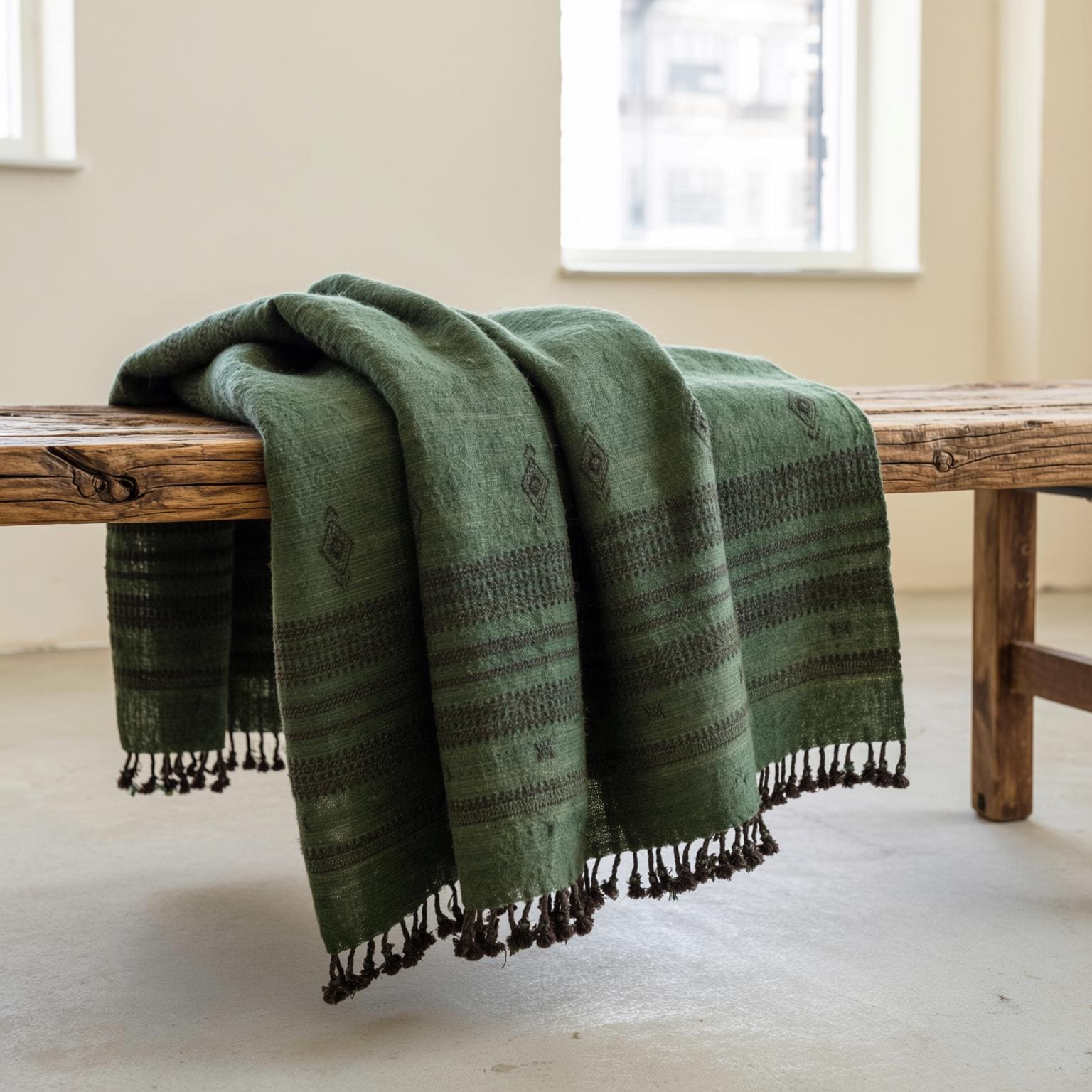 Green Indian Wool Throw Blanket, Handwoven Sofa Coverlet & Earthy Bed Runner - BASIL