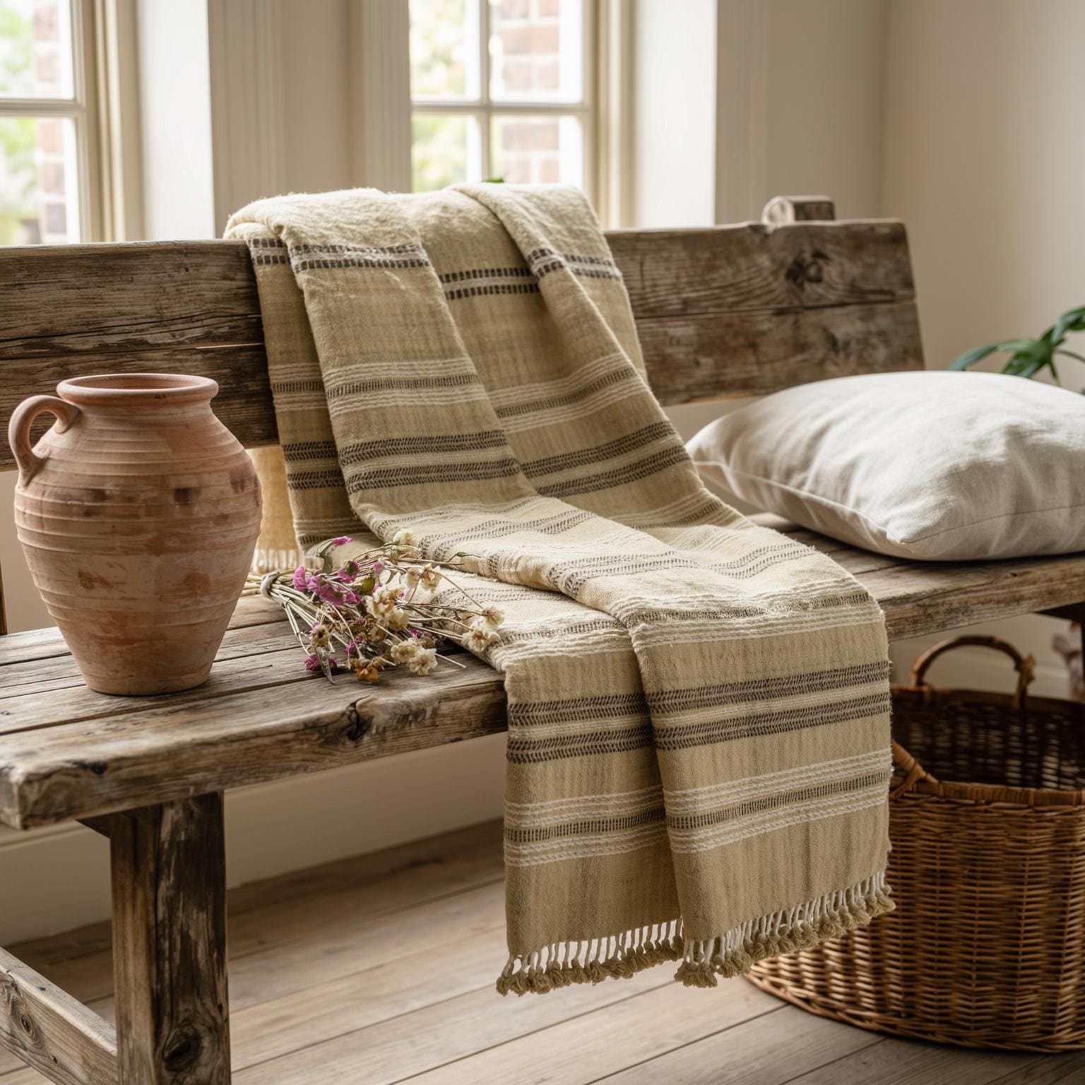 Beige Tan Indian Wool Throw Blanket, Handwoven Sofa Runner & Neutral Bedspread - OPAL