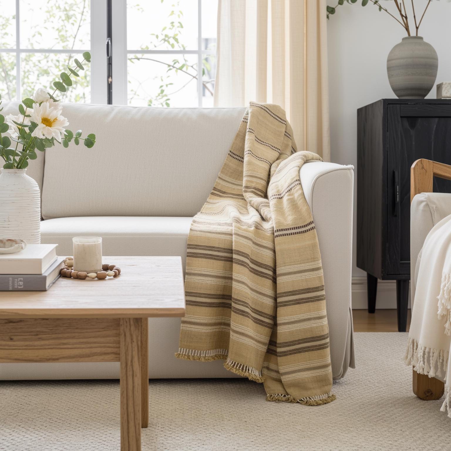 Beige Tan Indian Wool Throw Blanket, Handwoven Sofa Runner & Neutral Bedspread - OPAL