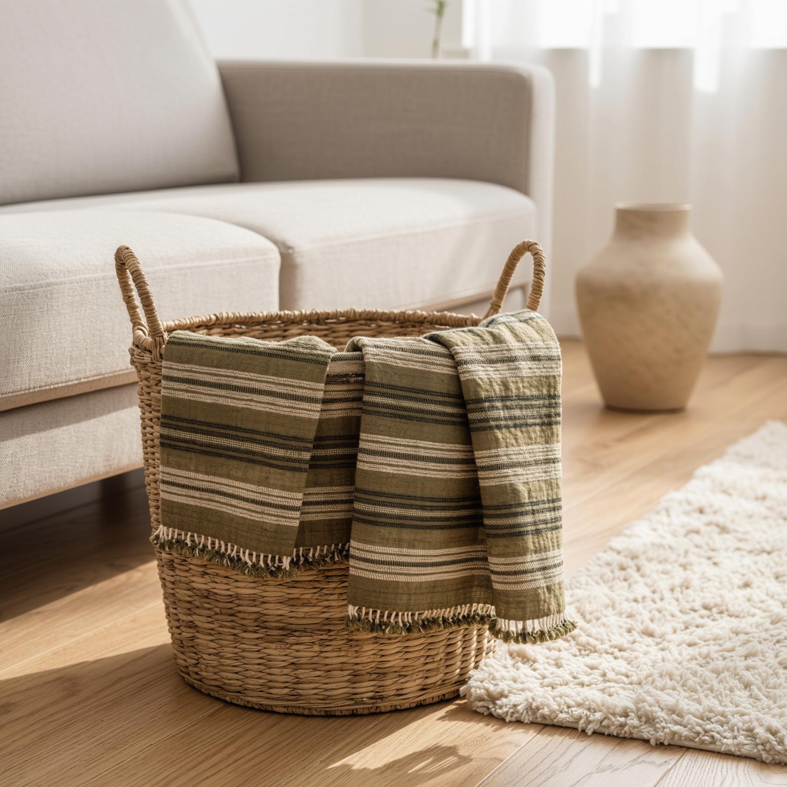 Olive Green Striped Indian Wool Throw Blanket, Handwoven Sofa Coverlet & Bed Runner - MOSS