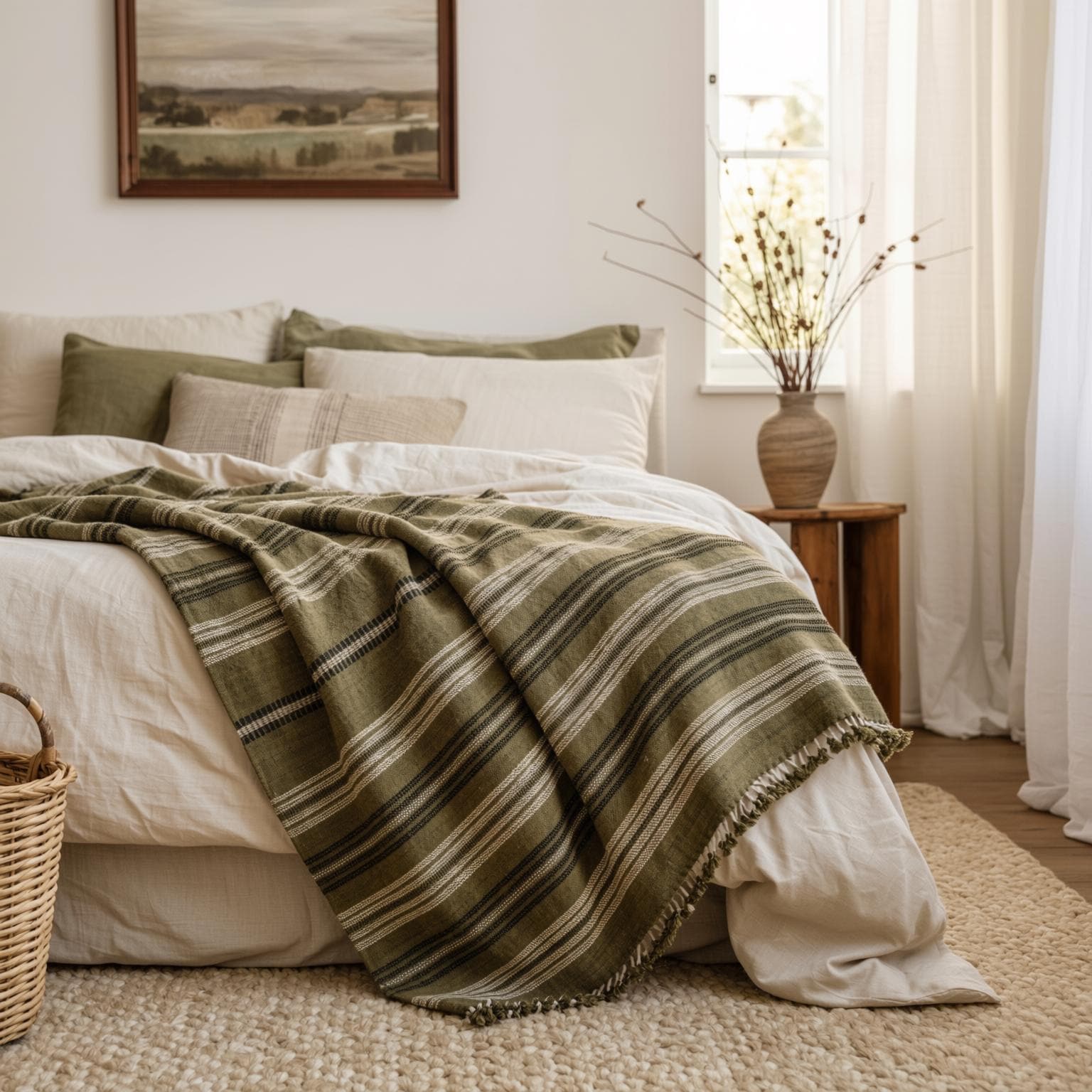Olive Green Striped Indian Wool Throw Blanket, Handwoven Sofa Coverlet & Bed Runner - MOSS
