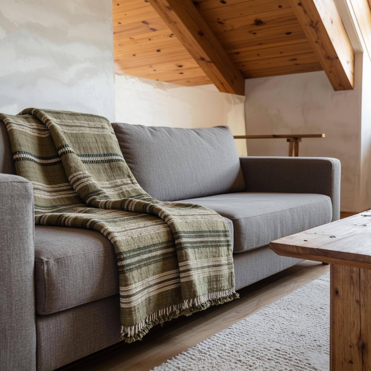 Olive Green Striped Indian Wool Throw Blanket, Handwoven Sofa Coverlet & Bed Runner - MOSS