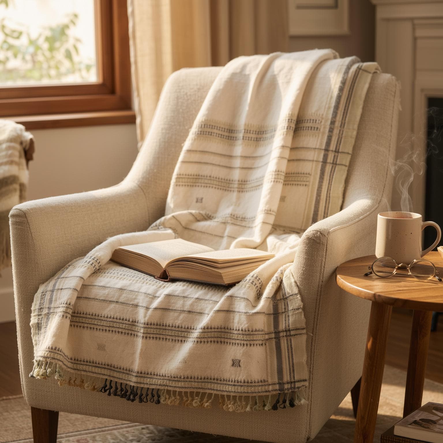 Off White Indian Wool Throw Blanket, Handwoven Sofa Coverlet & Minimalist Bed Runner - ALABASTER