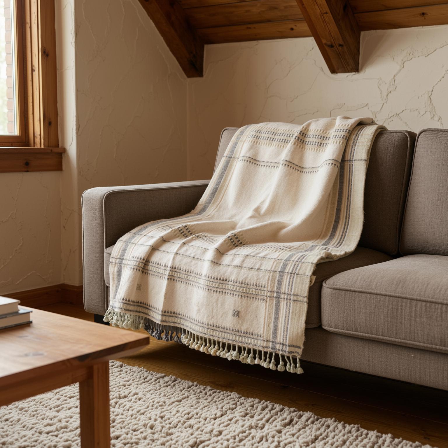 Off White Indian Wool Throw Blanket, Handwoven Sofa Coverlet & Minimalist Bed Runner - ALABASTER