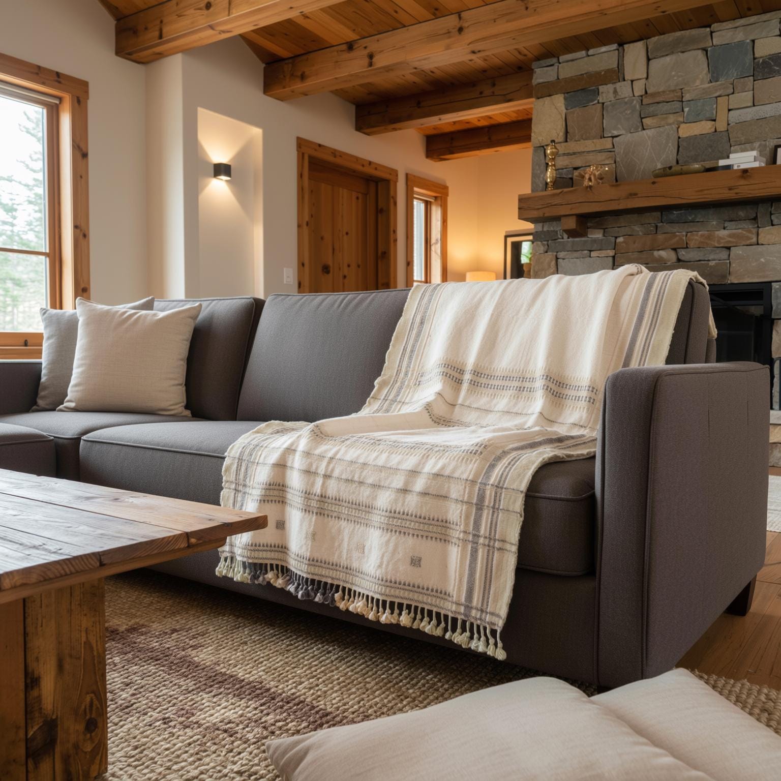 Off White Indian Wool Throw Blanket, Handwoven Sofa Coverlet & Minimalist Bed Runner - ALABASTER