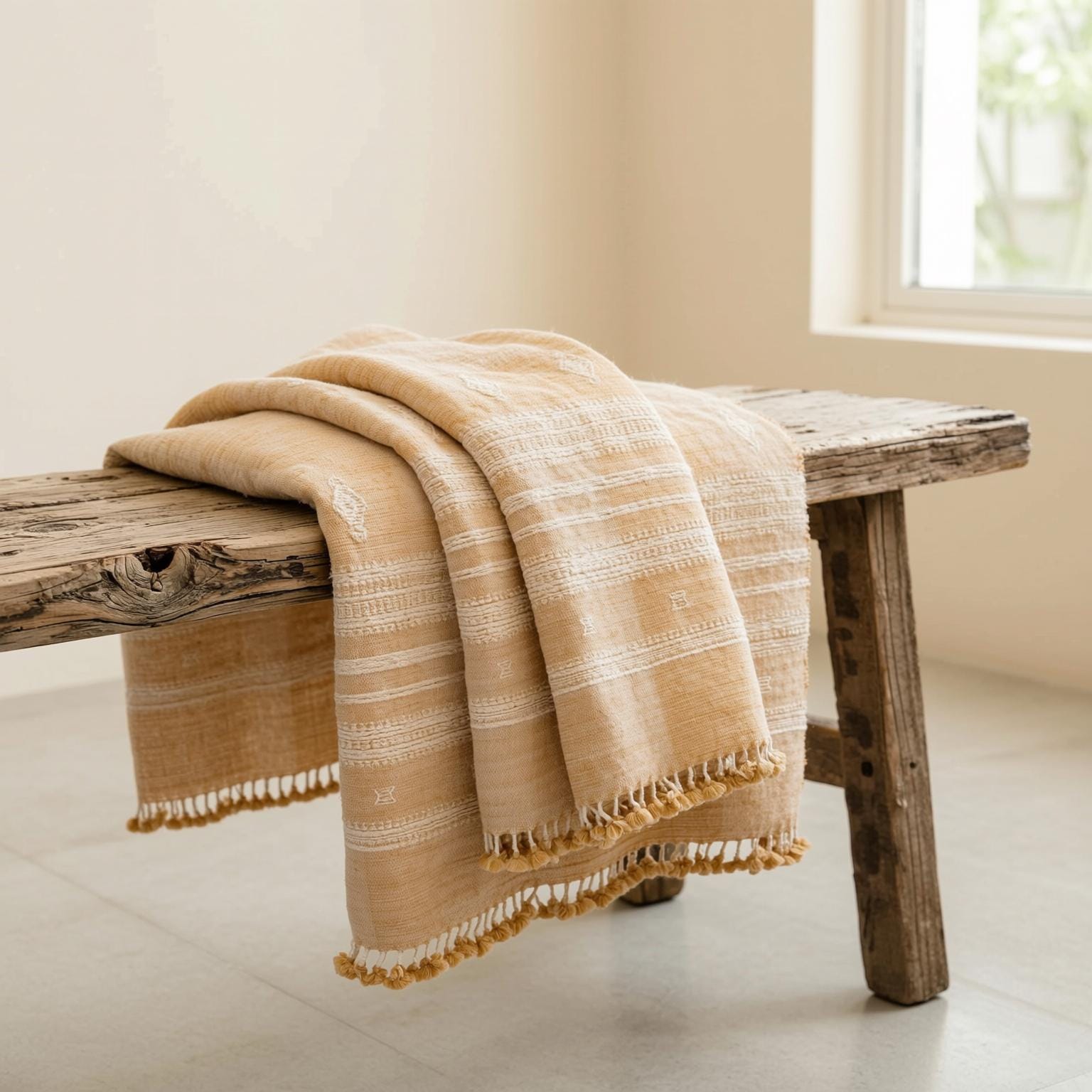 Orange Tan Indian Wool Throw Blanket, Handwoven Sofa Coverlet with Boho Bedroom Layer - MARIGOLD