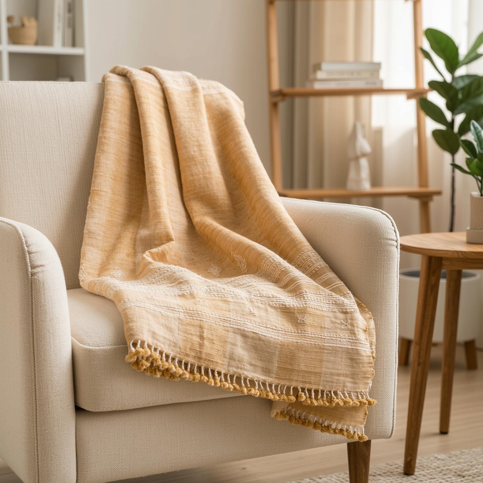 Orange Tan Indian Wool Throw Blanket, Handwoven Sofa Coverlet with Boho Bedroom Layer - MARIGOLD