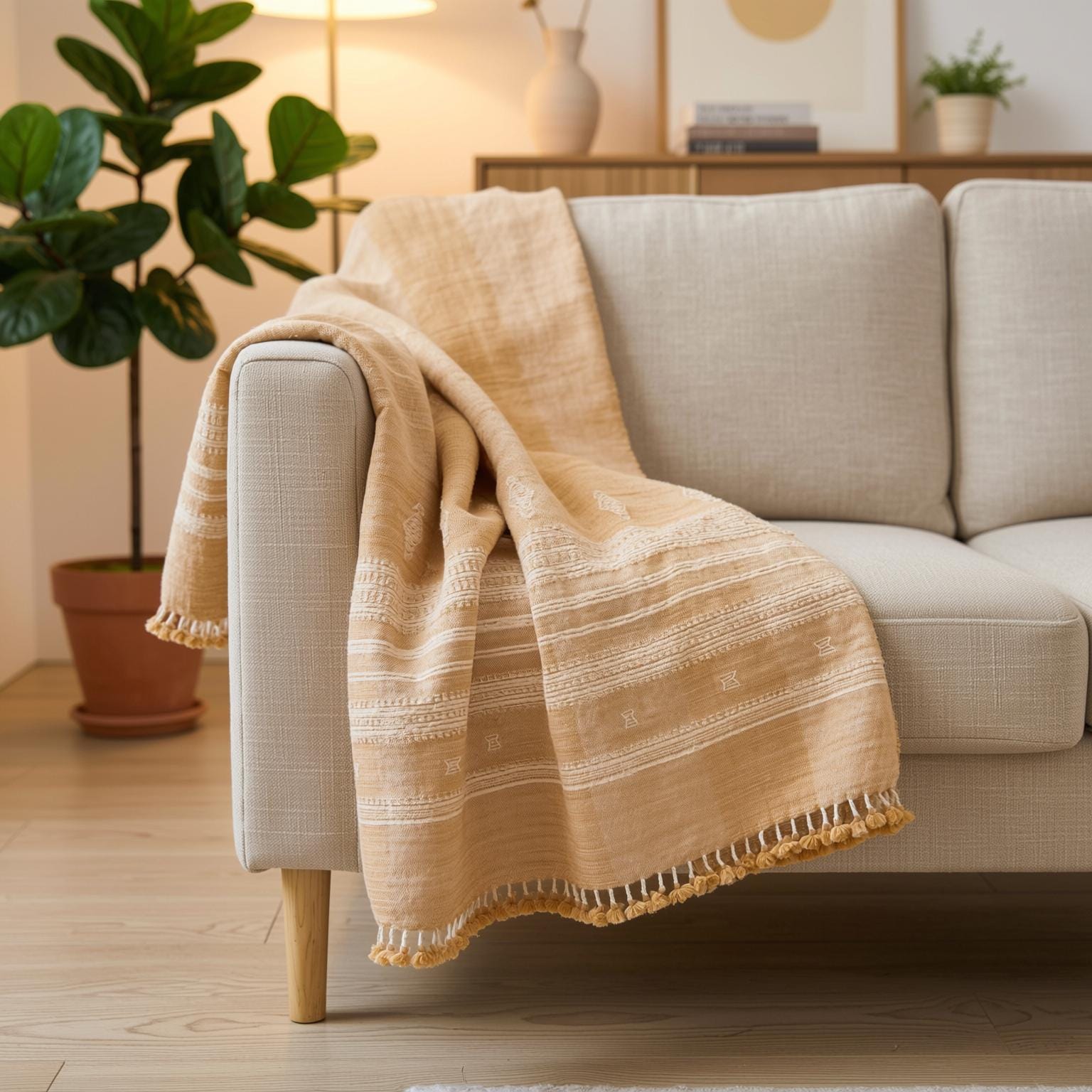 Orange Tan Indian Wool Throw Blanket, Handwoven Sofa Coverlet with Boho Bedroom Layer - MARIGOLD