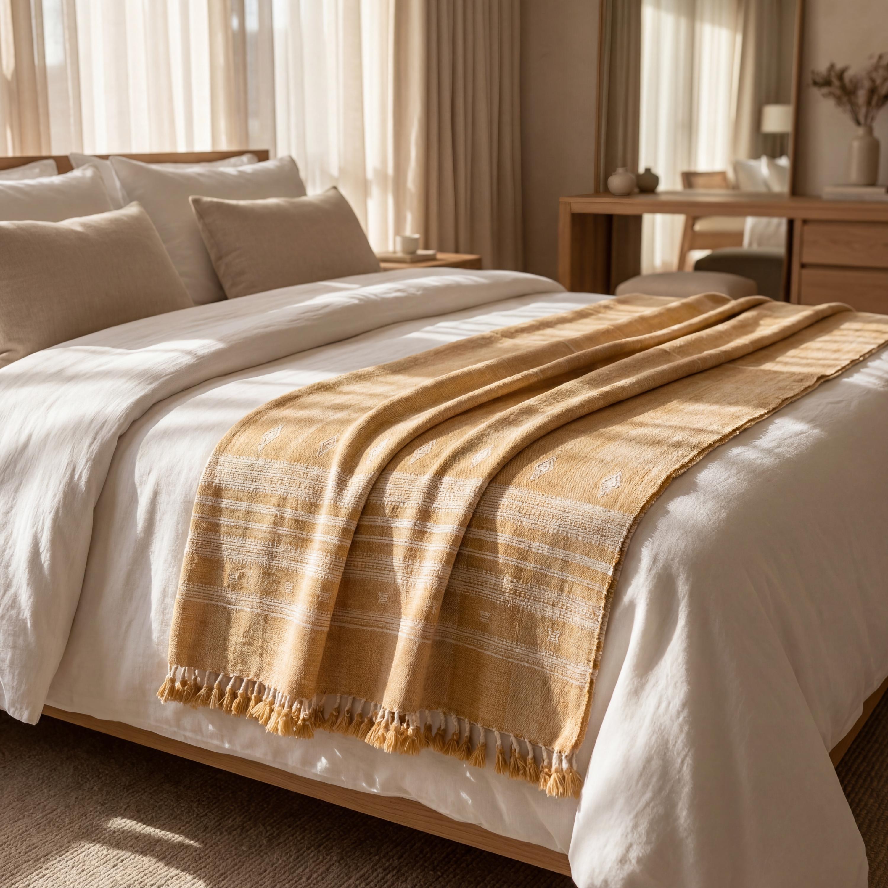 Orange Tan Indian Wool Throw Blanket, Handwoven Sofa Coverlet with Boho Bedroom Layer - MARIGOLD