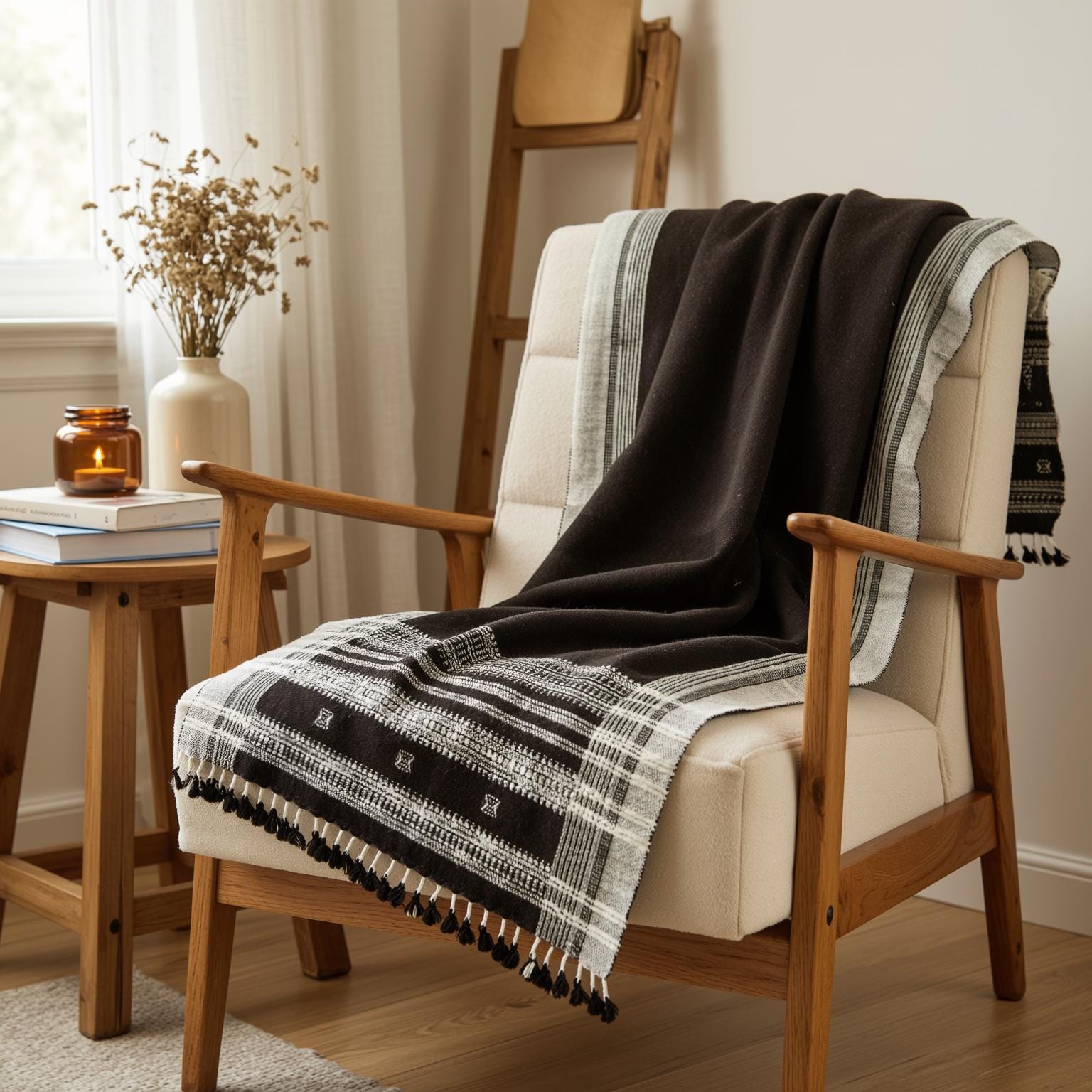Cocoa Brown Indian Wool Throw Blanket, Handwoven Couch Coverlet with Rustic Chair Accent - QUARTZ
