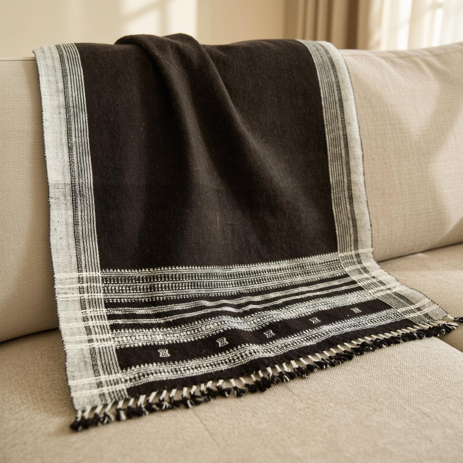 Chocolate Brown Indian Wool Throw Blanket, Handwoven Sofa Coverlet & Rustic Bed Runner - QUARTZ