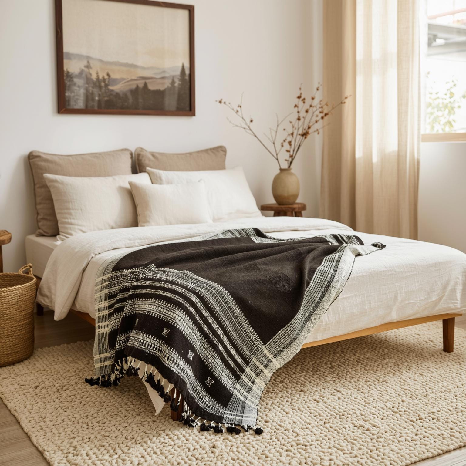 Chocolate Brown Indian Wool Throw Blanket, Handwoven Sofa Coverlet & Rustic Bed Runner - QUARTZ
