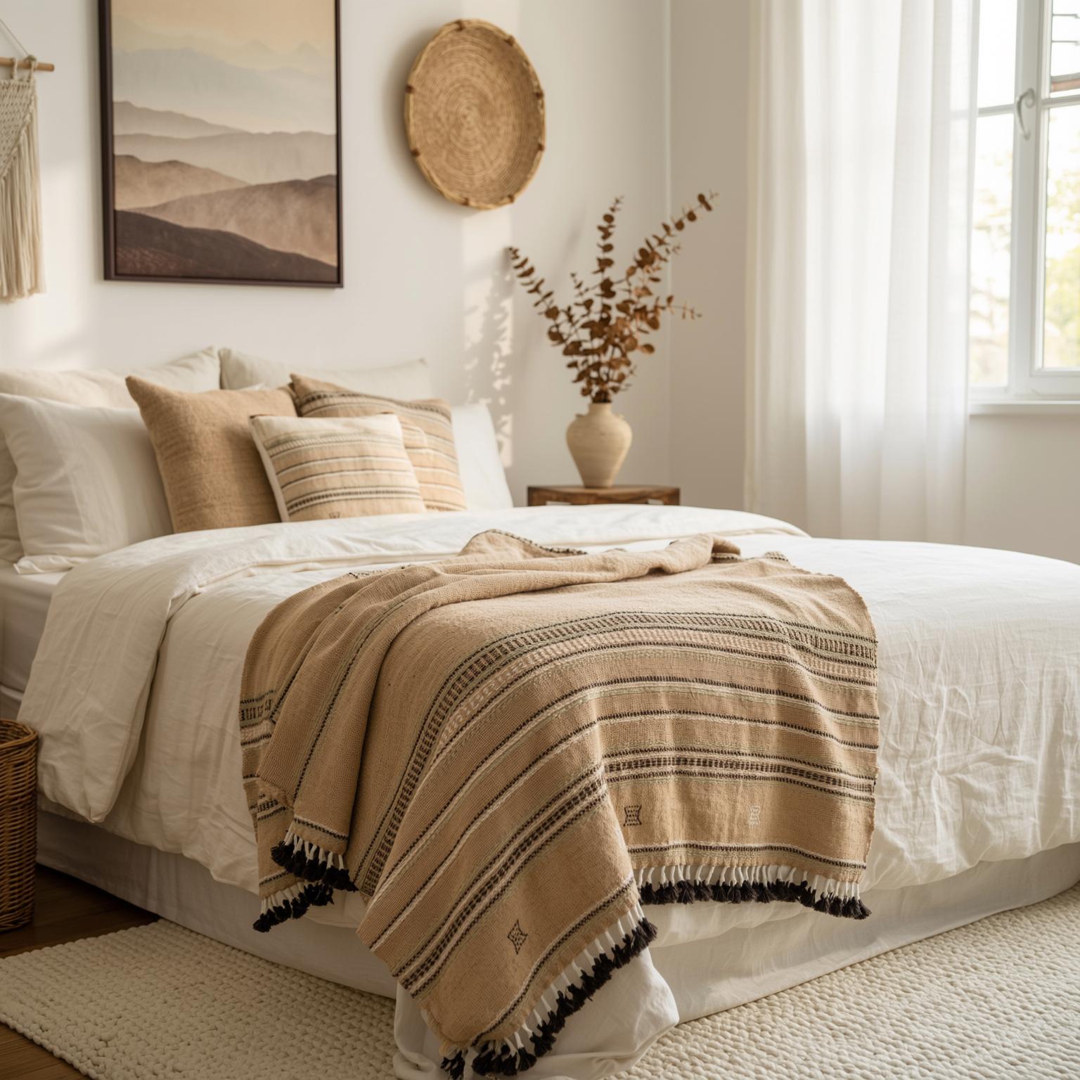 Orange Tan Indian Wool Throw Blanket, Handwoven Couch Coverlet with Heritage Bed Accent - PRAVALA