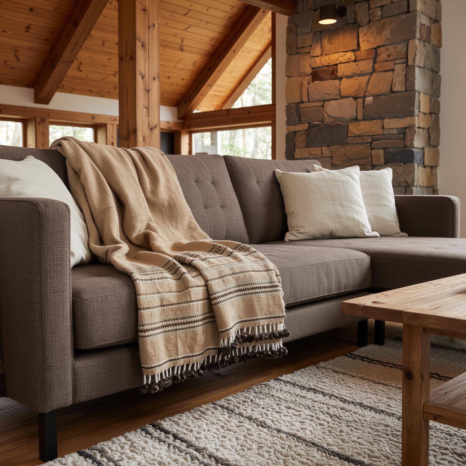 Orange Tan Indian Wool Throw Blanket, Handwoven Couch Coverlet with Heritage Bed Accent - PRAVALA