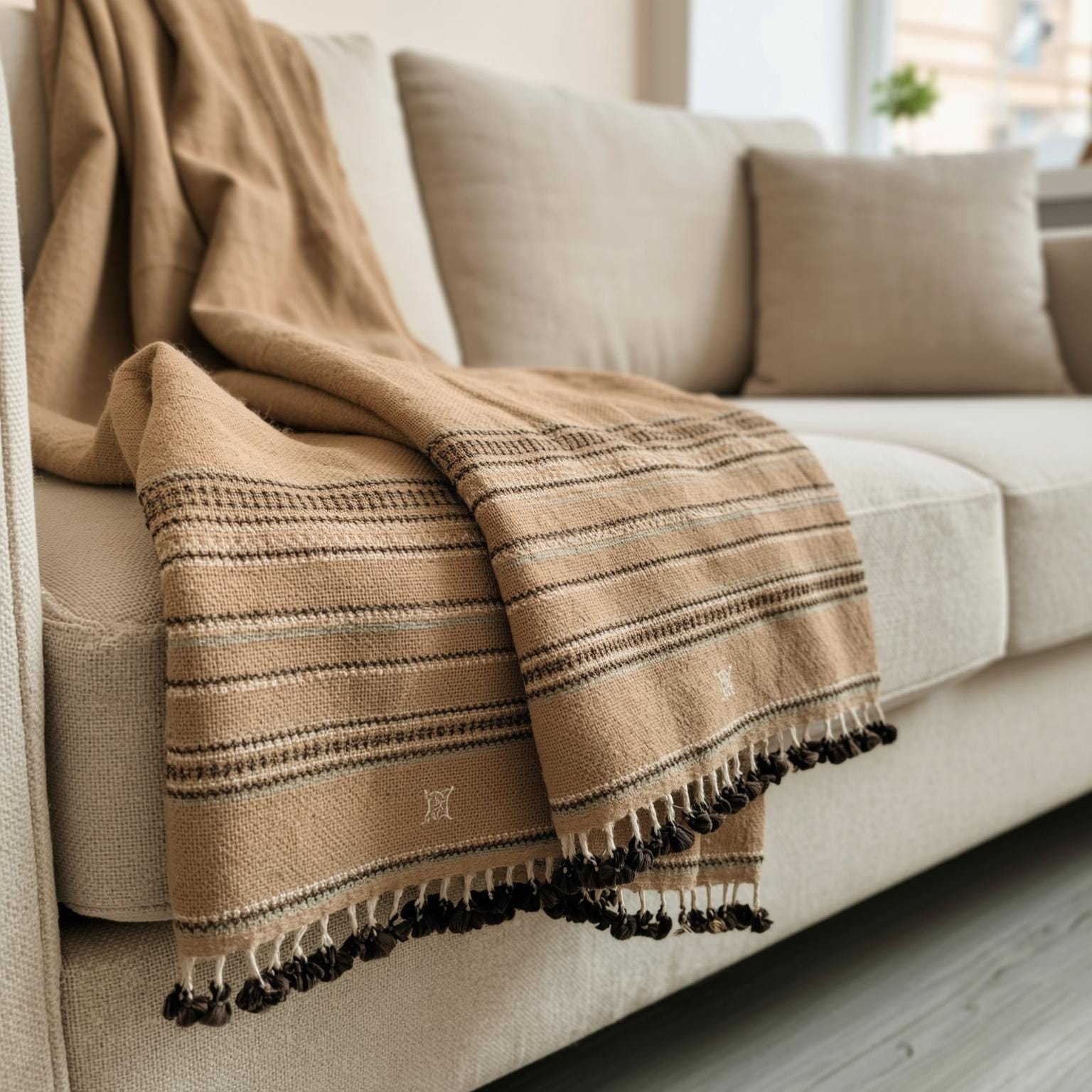 Orange Tan Indian Wool Throw Blanket, Handwoven Sofa Cover & Rustic Bed Runner - PRAVALA