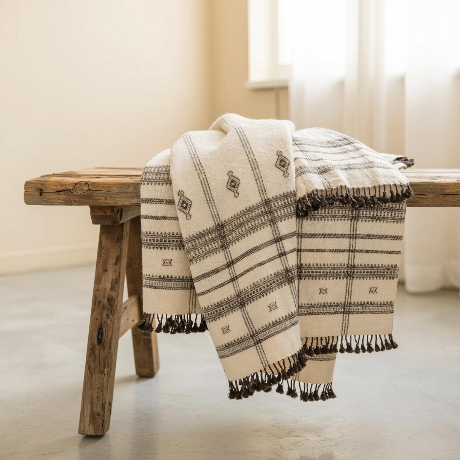 Off White Indian Wool Throw Blanket, Handwoven Sofa Coverlet with Neutral Bedroom Layer - PEARL