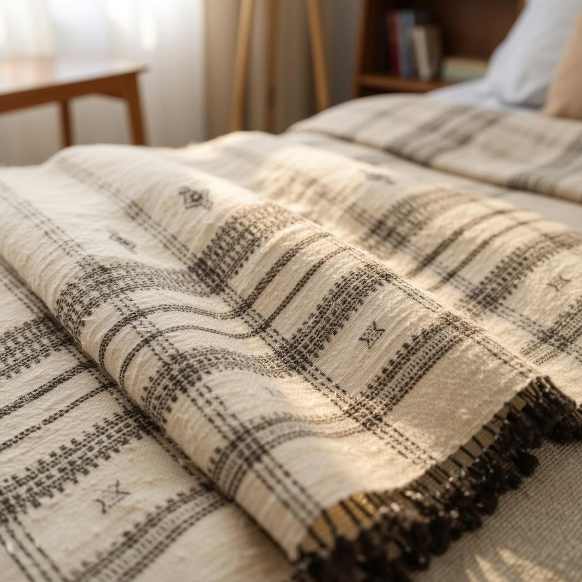 Off White Indian Wool Throw Blanket, Handwoven Sofa Coverlet with Neutral Bedroom Layer - PEARL