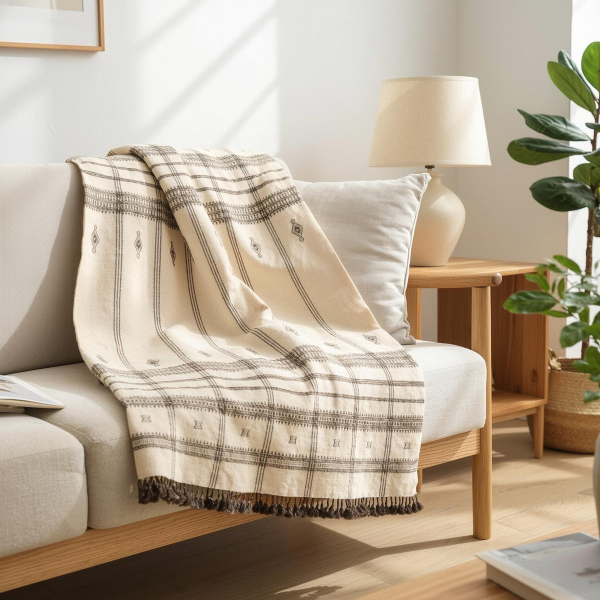 Off White Indian Wool Throw Blanket, Handwoven Sofa Coverlet with Neutral Bedroom Layer - PEARL