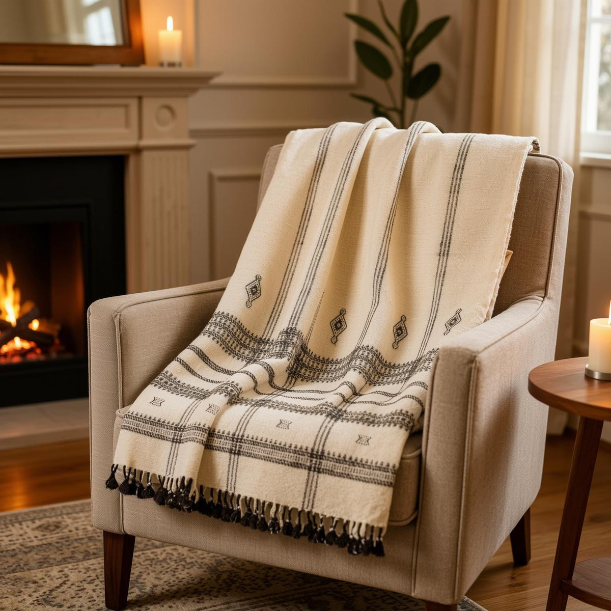 Off White Indian Wool Throw Blanket, Handwoven Sofa Coverlet with Neutral Bedroom Layer - PEARL