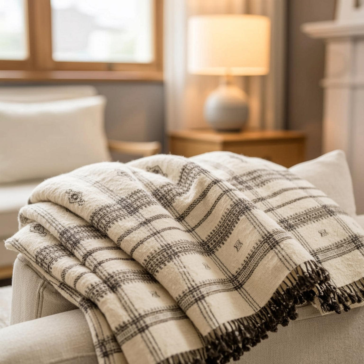 Off White Indian Wool Throw Blanket, Handwoven Sofa Coverlet with Neutral Bedroom Layer - PEARL
