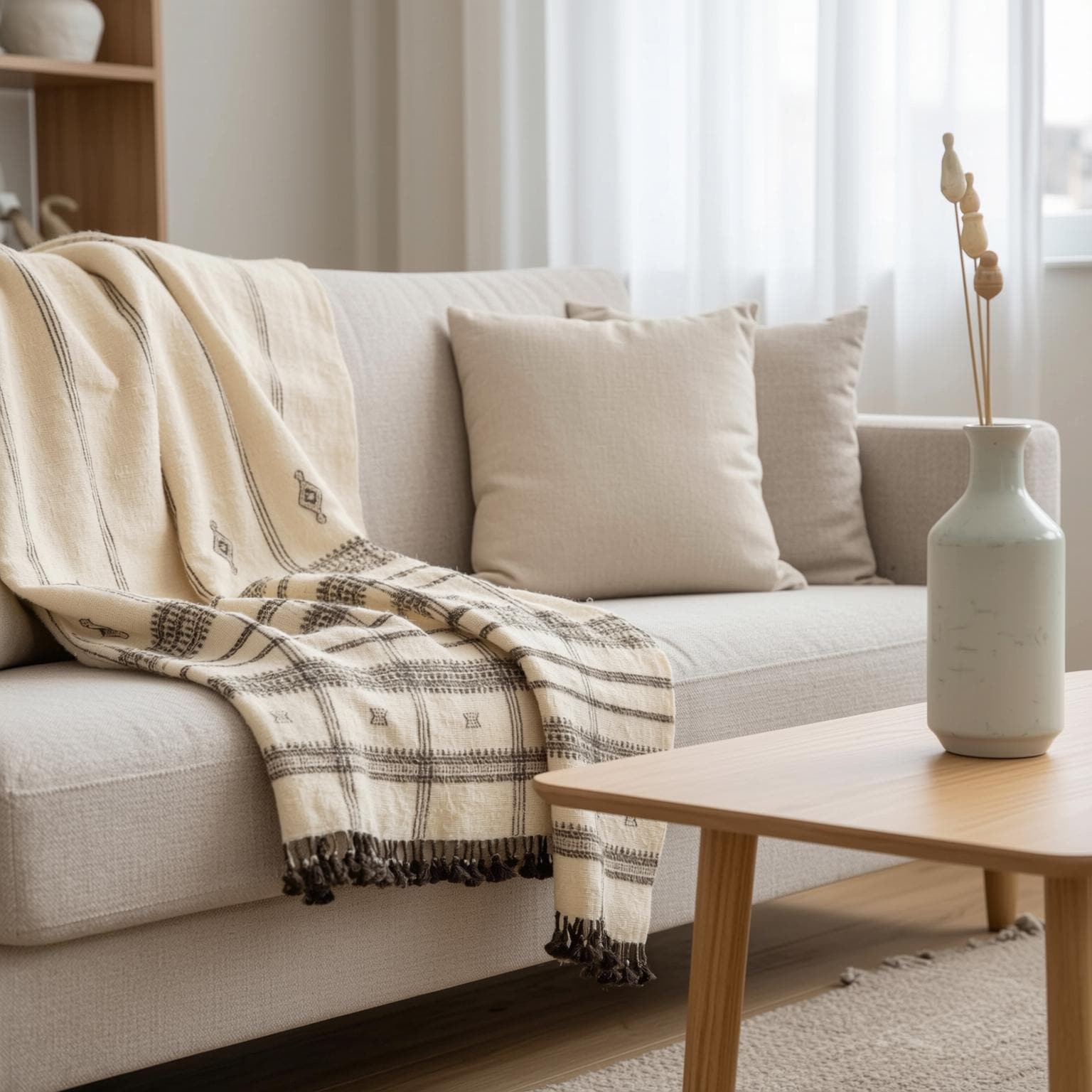Off White Indian Wool Throw Blanket, Handwoven Sofa Coverlet with Neutral Bedroom Layer - PEARL