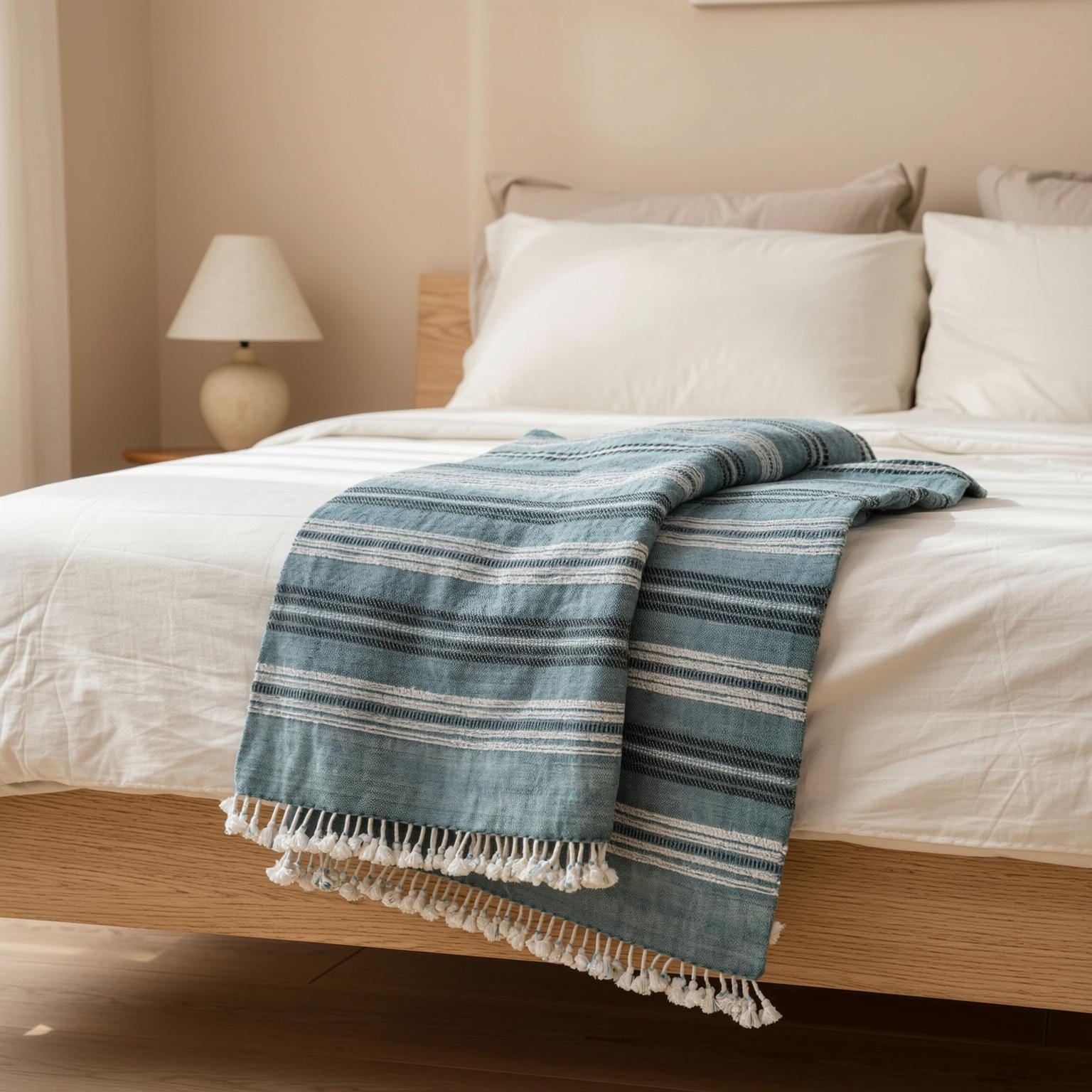 Teal Blue Striped Indian Wool Throw Blanket, Handwoven Couch Coverlet with Bed Accent - SAPPHIRE