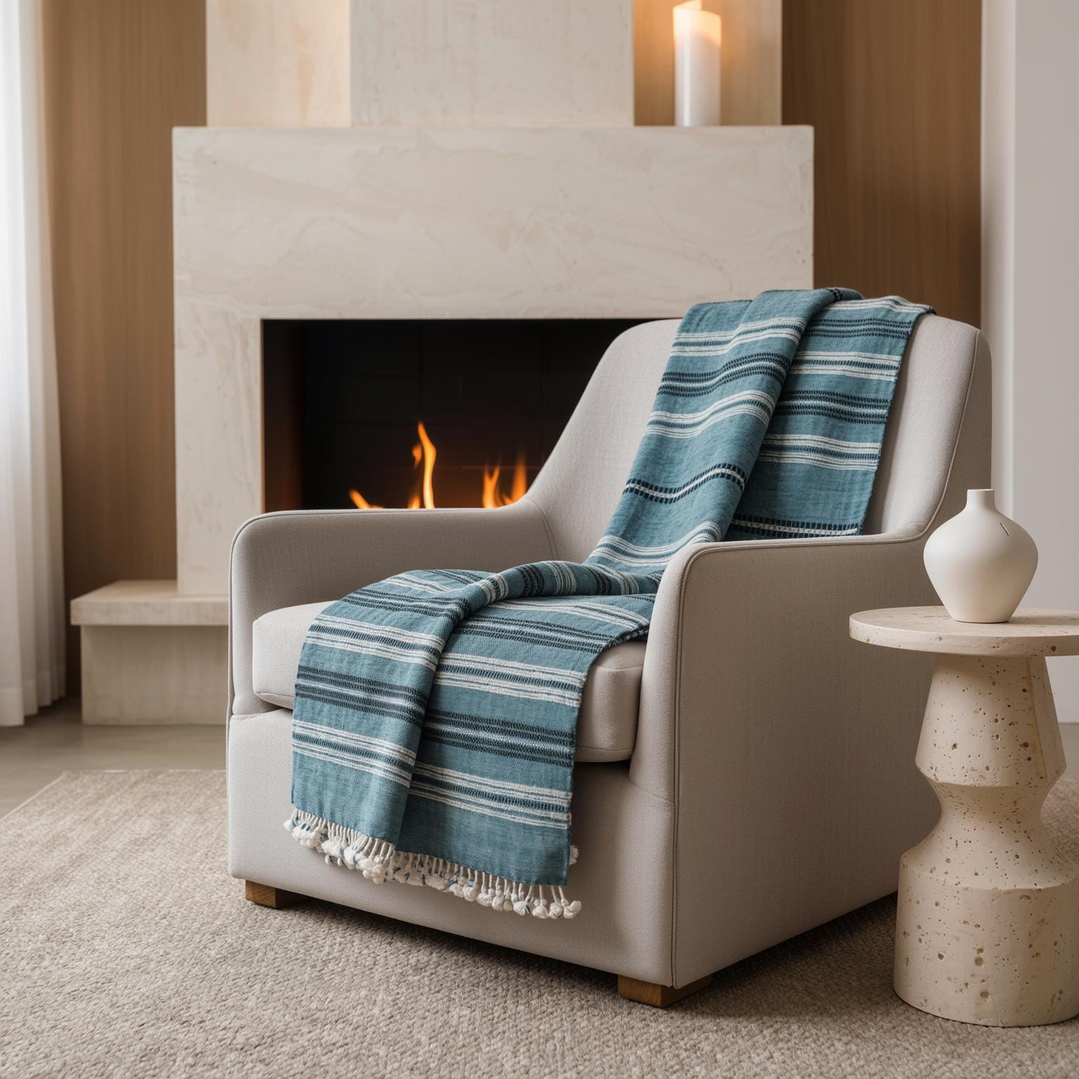 Teal Blue Striped Indian Wool Throw Blanket, Handwoven Couch Coverlet with Bed Accent - SAPPHIRE