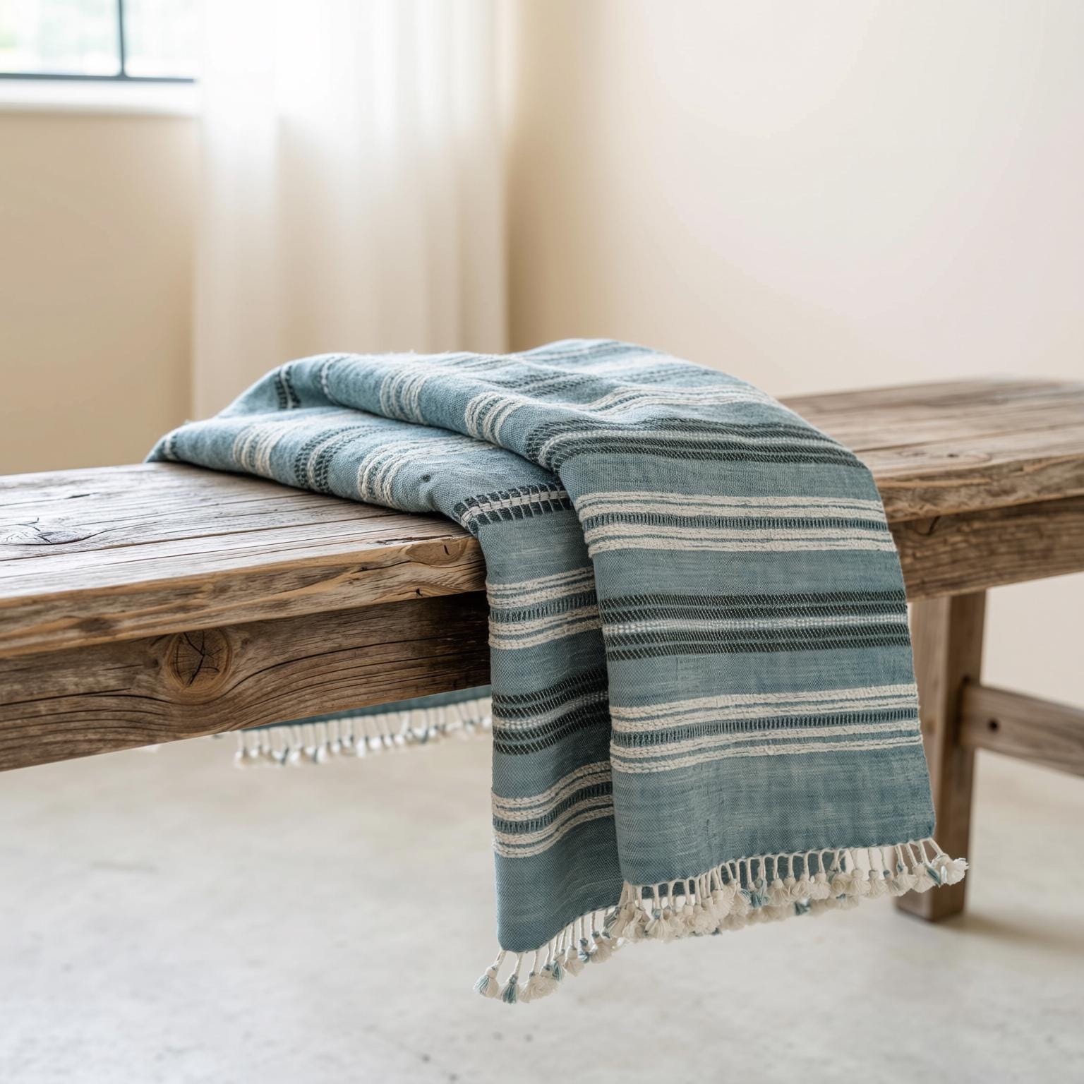 Teal Blue Striped Indian Wool Throw Blanket, Handwoven Couch Coverlet with Bed Accent - SAPPHIRE