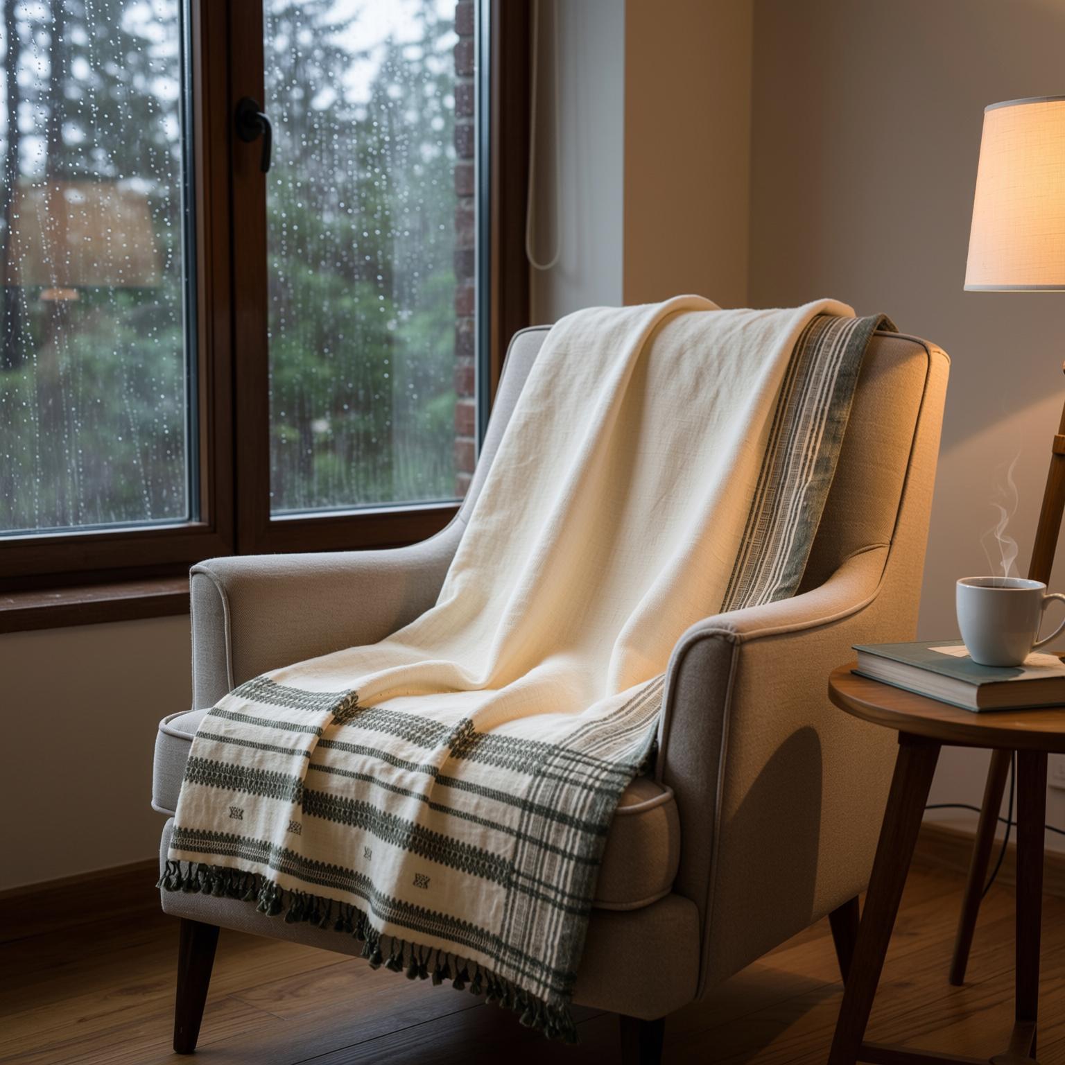 White Indian Wool Throw Blanket, Handwoven Couch Coverlet with Minimalist Bed Accent - SOLITAIRE