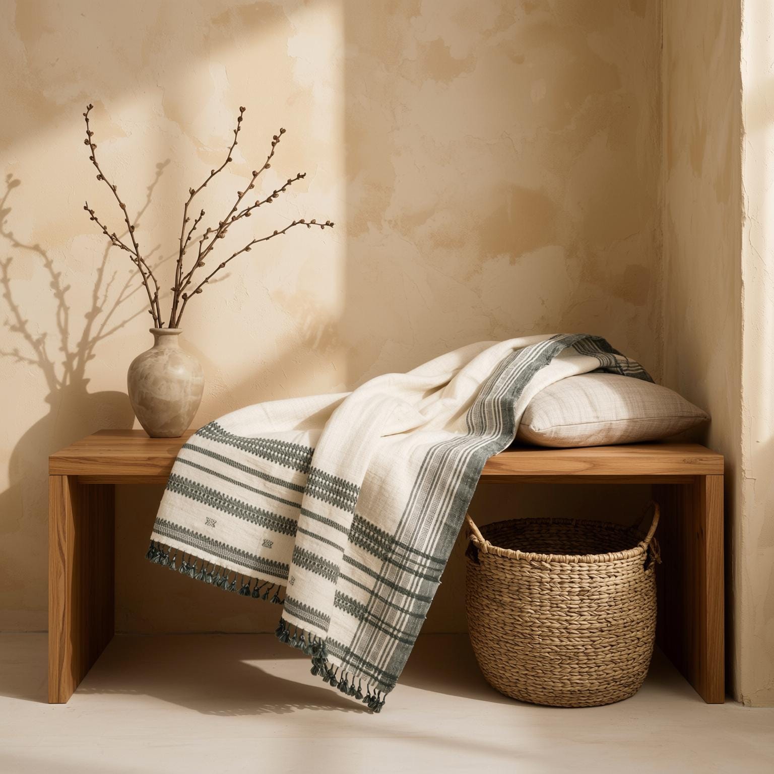 White Indian Wool Throw Blanket, Handwoven Couch Coverlet with Minimalist Bed Accent - SOLITAIRE