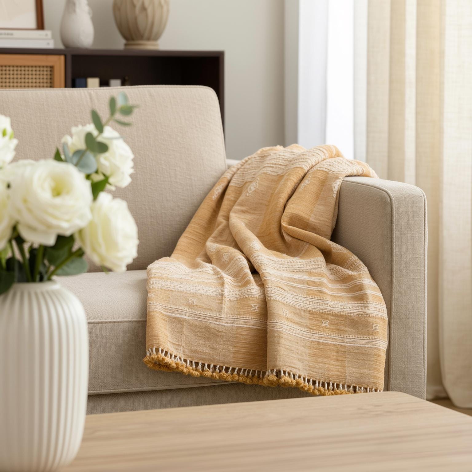 Orange Tan Indian Wool Throw Blanket, Handwoven Sofa Coverlet with Boho Bedroom Layer - MARIGOLD