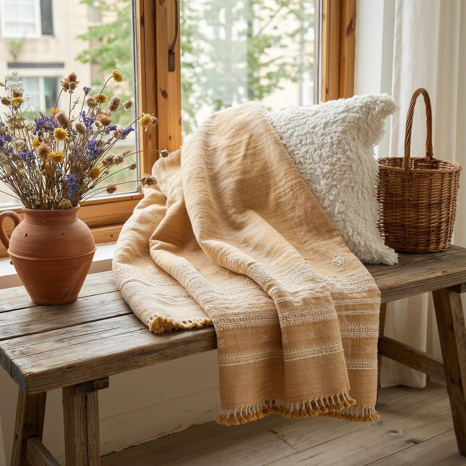 Orange Tan Indian Wool Throw Blanket, Handwoven Sofa Coverlet with Boho Bedroom Layer - MARIGOLD