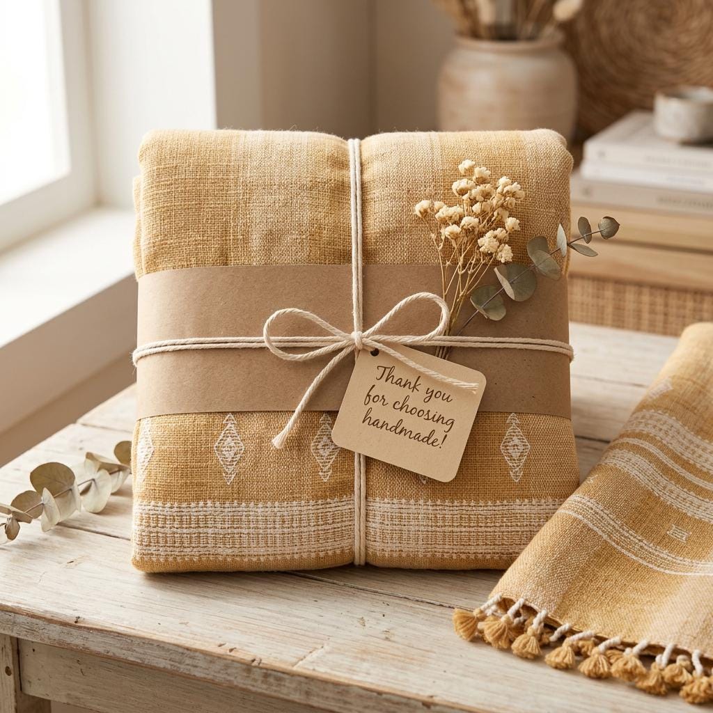 Orange Tan Indian Wool Throw Blanket, Handwoven Sofa Coverlet with Boho Bedroom Layer - MARIGOLD
