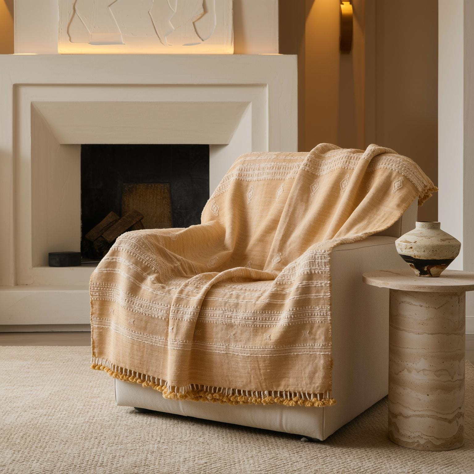 Orange Tan Indian Wool Throw Blanket, Handwoven Sofa Coverlet with Boho Bedroom Layer - MARIGOLD