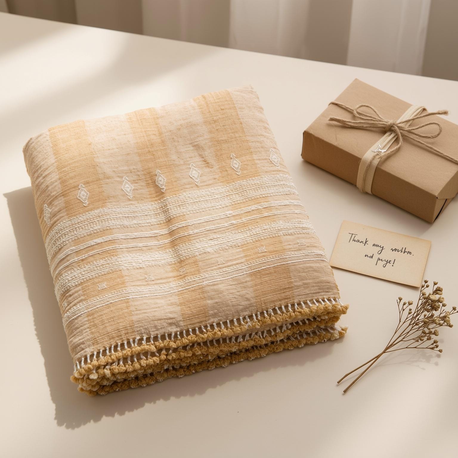Orange Tan Indian Wool Throw Blanket, Handwoven Sofa Coverlet with Boho Bedroom Layer - MARIGOLD