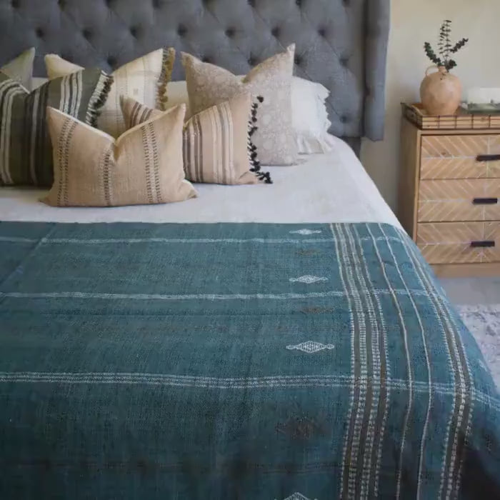 Teal Blue Wool Throw Blanket, Handmade Indian Coverlet for Sofa, Couch, Bed Runner & Boho Home Decor - LAPIS