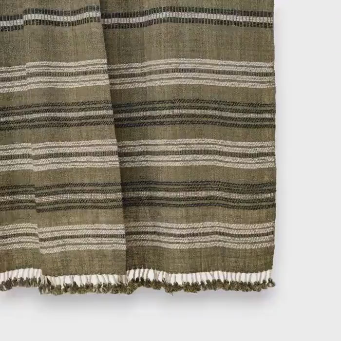 Olive Green Striped Indian Wool Throw Blanket, Handwoven Sofa Coverlet & Bed Runner - MOSS