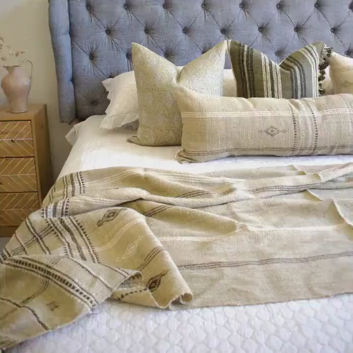 Tan Beige Indian Wool Throw Blanket, Handwoven Plaid Sofa Coverlet & Bed Runner - TANISHQ