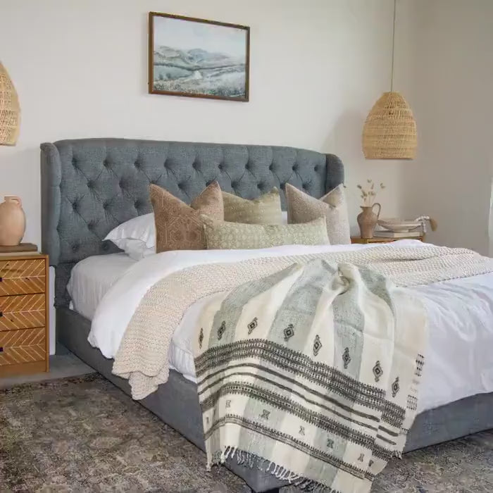 White Striped Indian Wool Throw Blanket, Handwoven Sofa Coverlet & Neutral Bed Runner - MAGNOLIA