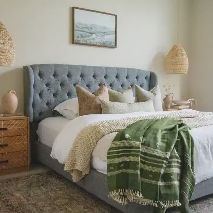 Forest Green Indian Wool Throw Blanket, Handwoven Sofa Coverlet & Boho Bed Runner - ERICA
